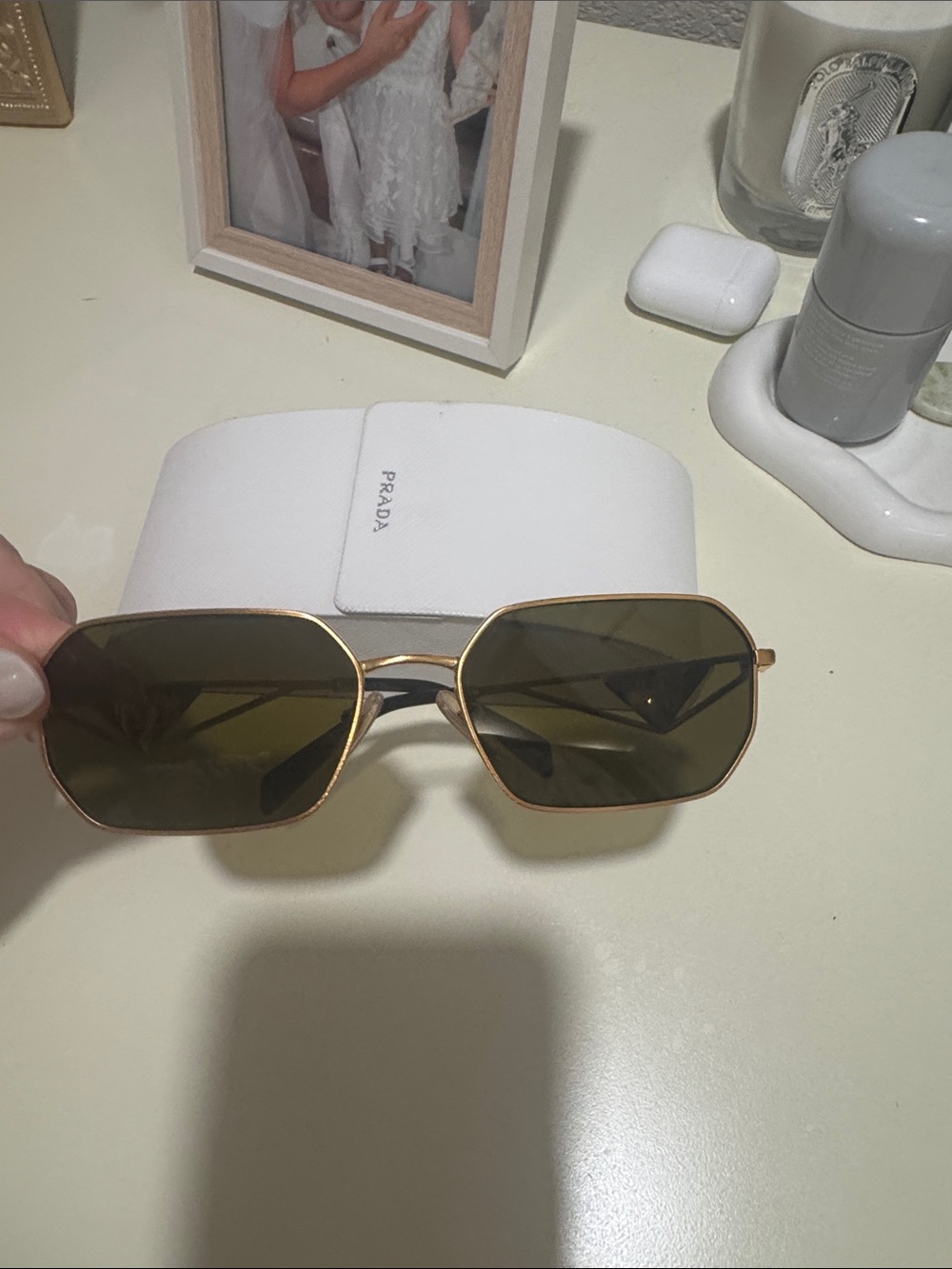 Prada Gold Metal Sunglasses with Dark Green Lenses - Picture 3 of 3